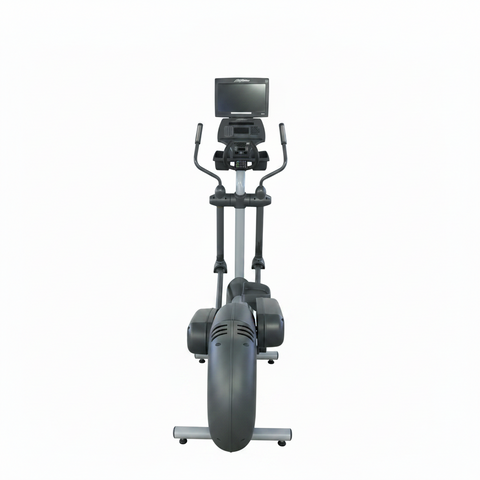 Full studio profile view of a Life Fitness CLSX Club Series commercial elliptical crosstrainer with the classic amber LED console display