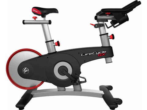 Side view of the Life Fitness LifeCycle GX Indoor Cycle featuring a dual-magnetic brake resistance system, rear flywheel design, and ergonomic handlebars.